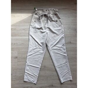 H&M Paperbag Pants Womens 2 Beige Belted Waist High Rise Tapered‎ Leg Casual
